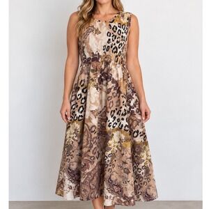 Boho Maxi Dress Womens Large 100% Cotton Leopard Paisley Smocked Jane Ashley